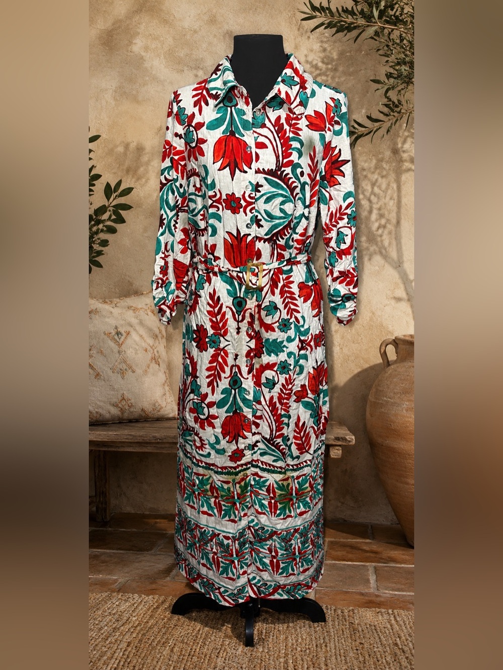 Fig + Flower Red Teal Floral Midi Shirt Dress L Belted Boho Resort
